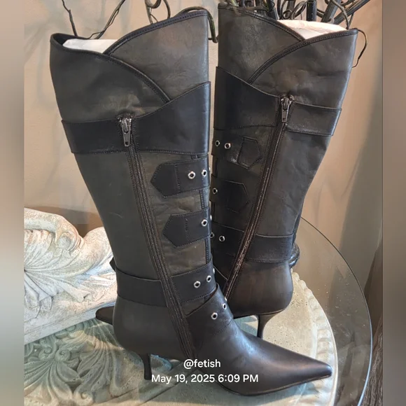 Jeffery Campbell Knee High Seatbelt Boots Brown Distressed Leather Grainy #70 - Picture 12 of 12